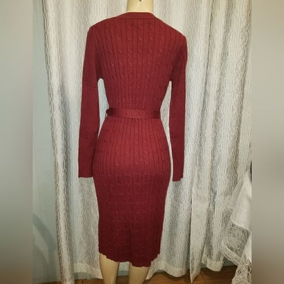 Fall Burgundy MEROKEETY Women's Cable Knit Midi Sweater Dress medium NWOT - Picture 10 of 10
